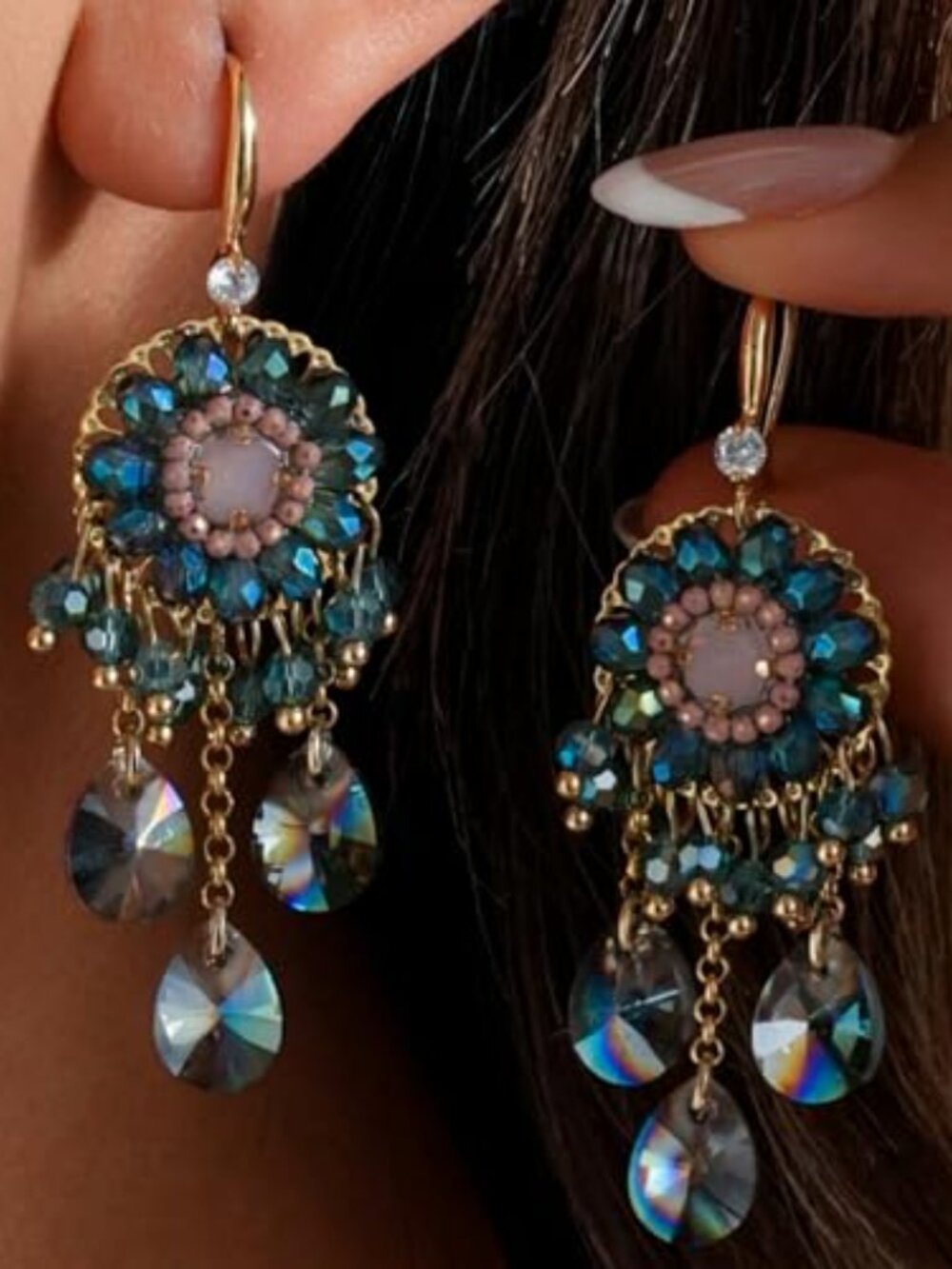 Dangle Flower Floral Blue Crystal Drop Ears for Women 14K Gold Plated